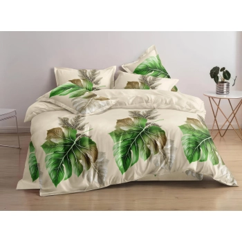 Pościel 200x220 Bawełna satynowa beżowa z zielonym liściem PK514